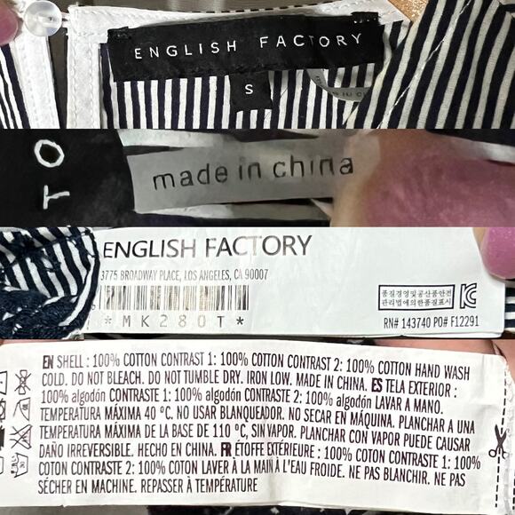 English Factory Women's Blue & White Striped Cotton Embroidered Blouse Size S - Picture 12 of 13